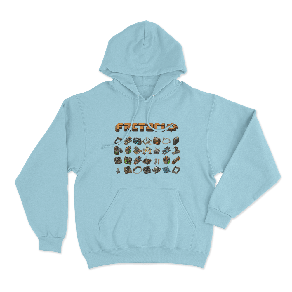 Factorio Machine Icon Collection Unisex Hoodie Sky Blue Factorio Machine Icon Collection Unisex Hoodie Sky Blue